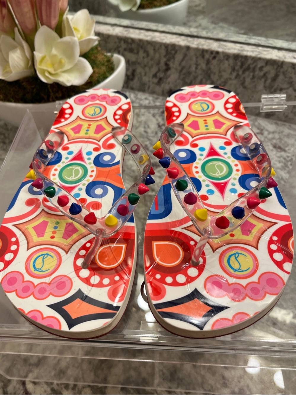 Christian Louboutin Multicolor Studded Clear-Strap Flip Flops